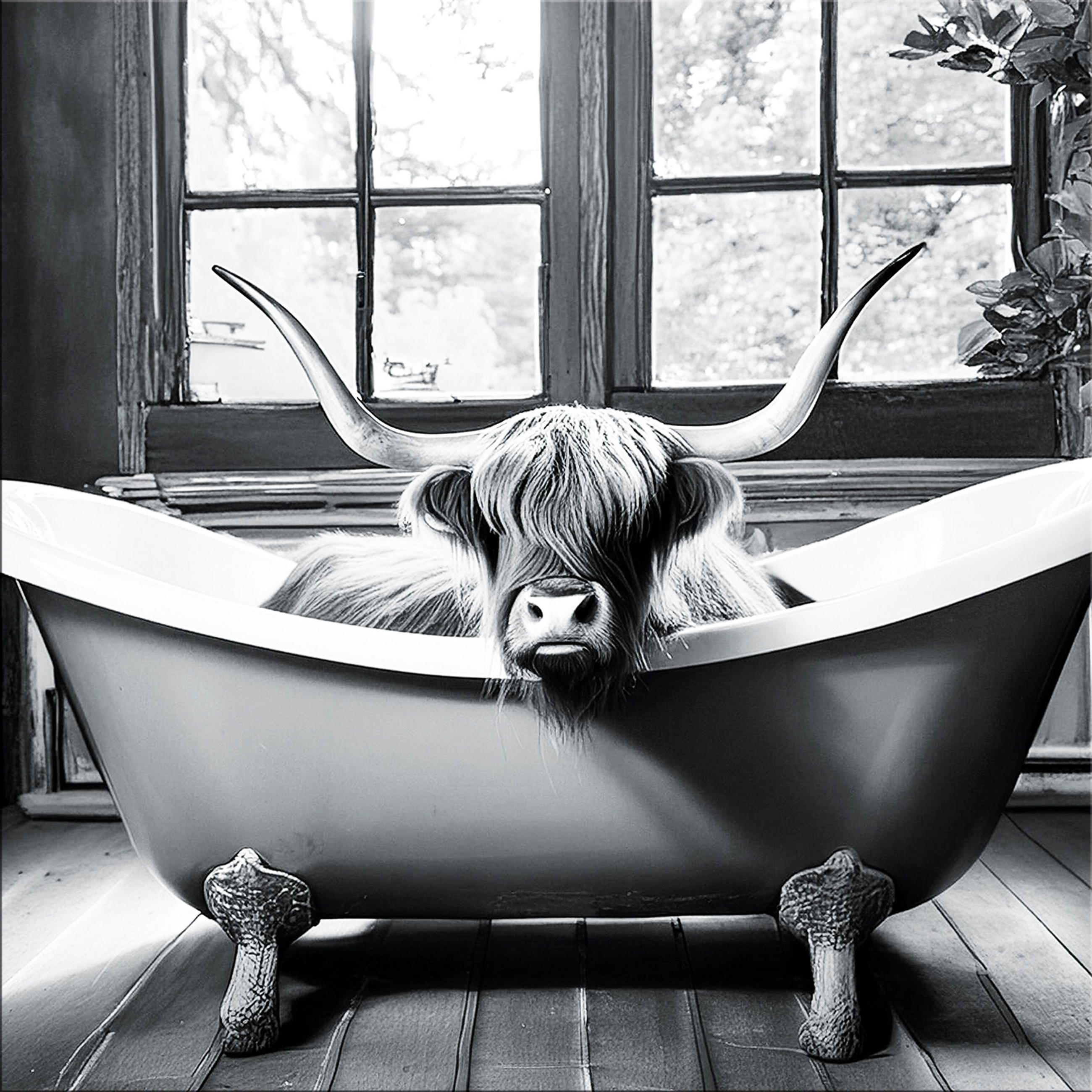 GLASBILD 50x50 cm Hochlandrind Badezimmer schwarz weiß - Weiß, Glas (50/50cm) - artissimo