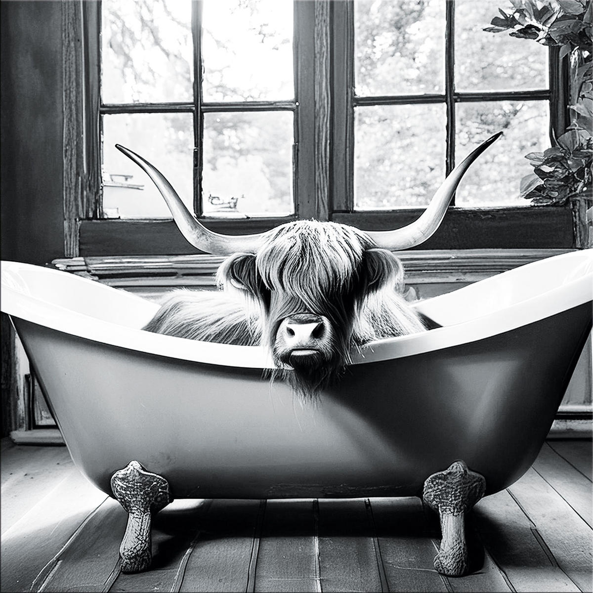 GLASBILD 50x50 cm Hochlandrind Badezimmer schwarz weiß - Weiß, Glas (50/50cm) - artissimo