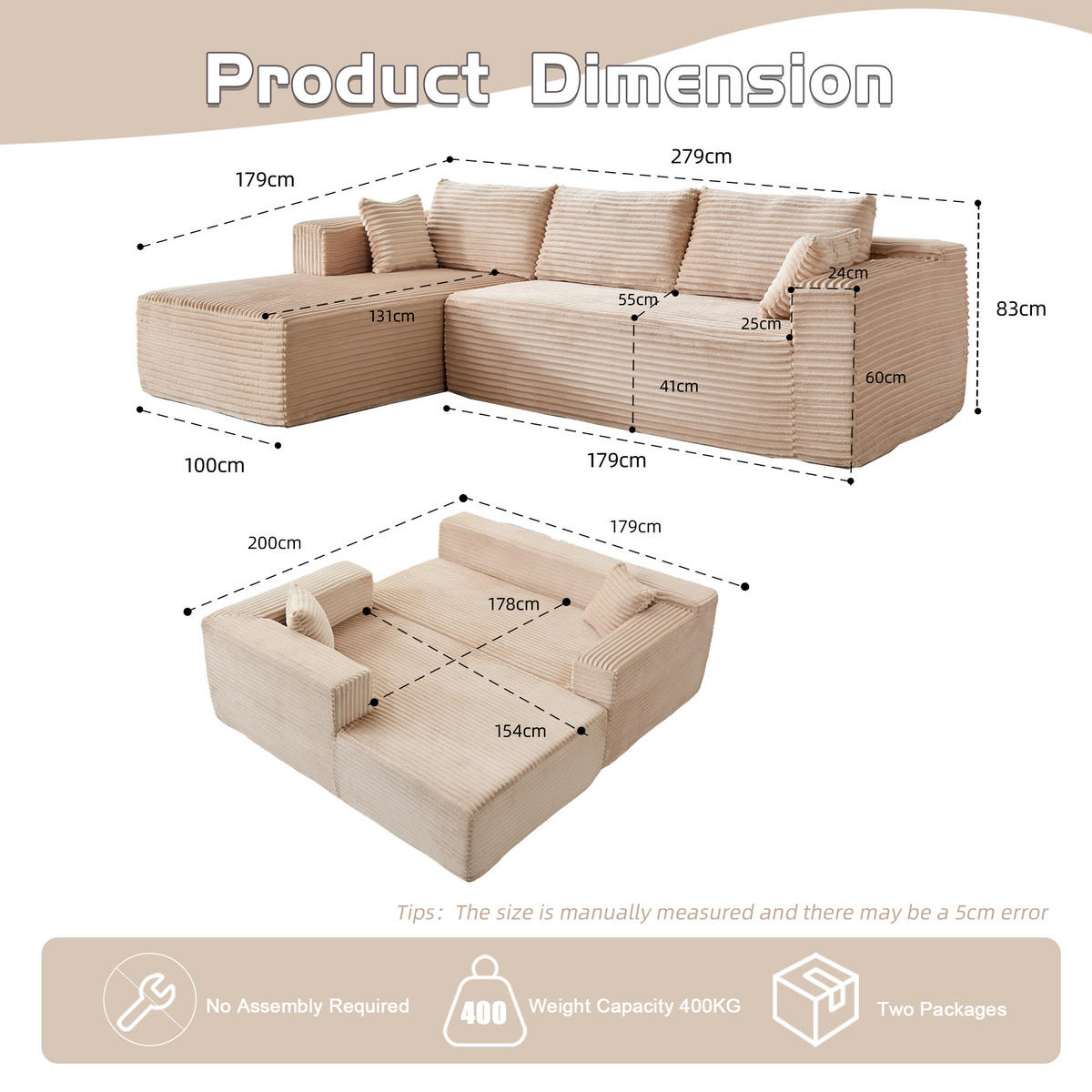 SOFA L-Form 2-tlg. Cord Beige - Beige, Kunststoff (179/279cm) - Meubliv