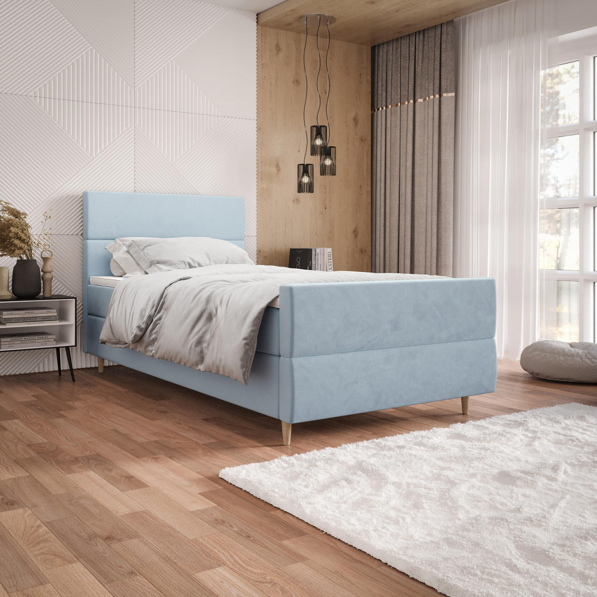 BOXBETT FLO PLUS 90x200 Itaka 13, mit Matratze H3, Bonell und Topper, Hellblau - Hellblau, Holz/Textil (90/200cm) - Bedante