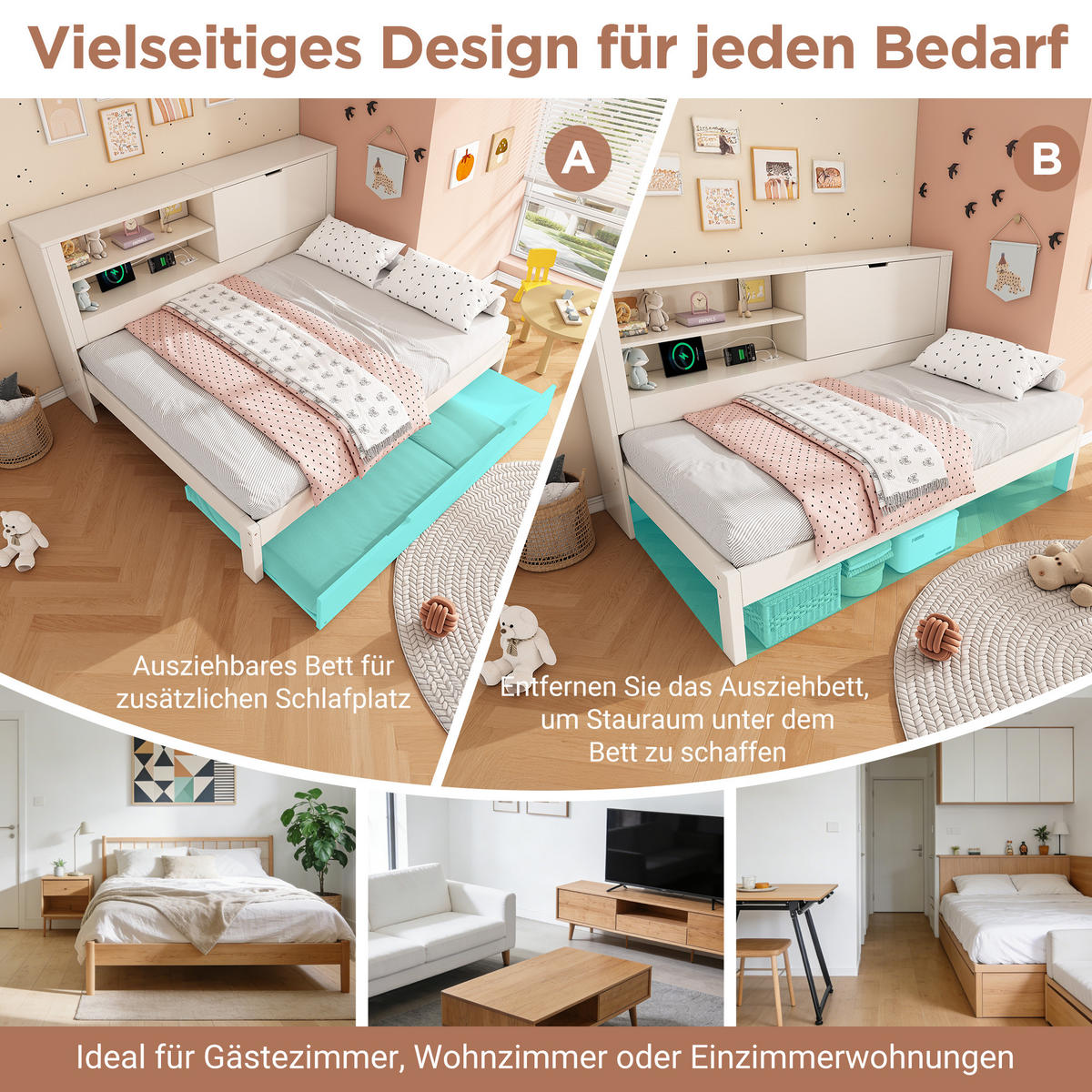 POLSTERBETT 140/190 cm mit Ausziehbett 90/190 cm, USB-Ladestation und Stauraum-Rückwand, Weiß - Weiß, Textil (140/190cm) - Redom