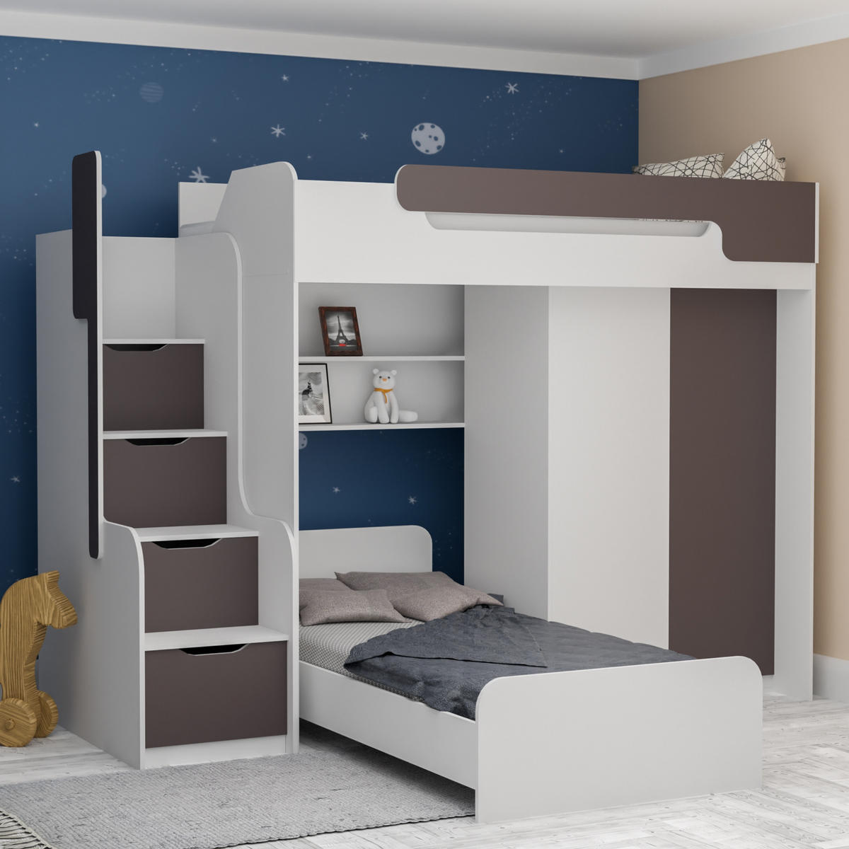 ETAGENBETT ARTHUR 90/200 in Weiß/Grau mit zusätzliches Bett und Kleiderschrank - Weiß/Grau, Holzwerkstoff (90/200cm) - Deine Möbel 24
