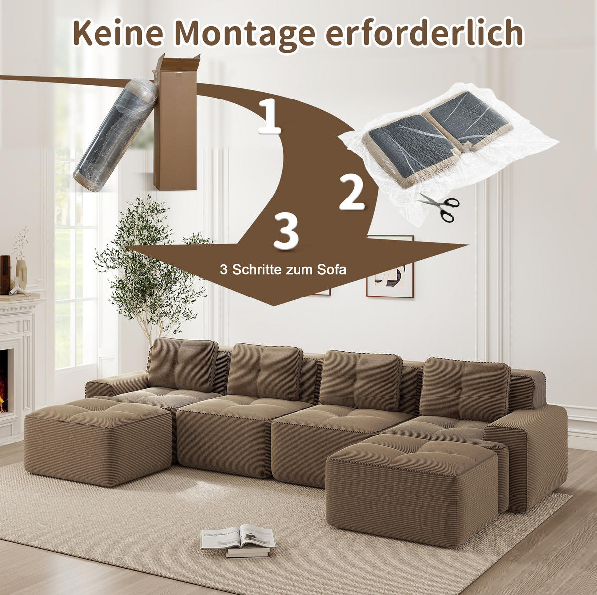 WOHNLANDSCHAFT 382/177/69 cm in Braun aus Cord, modular und montagefrei - Braun, Textil (177/69/382cm) - Flora Grace