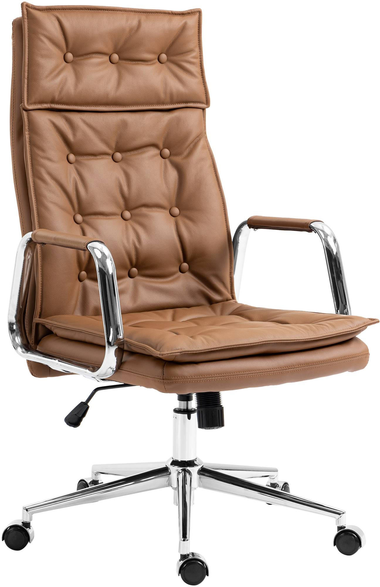CHEFSESSEL Echtleder hellbraun - Chromfarben/Hellbraun, Leder/Metall (60/111/65cm) - CLP