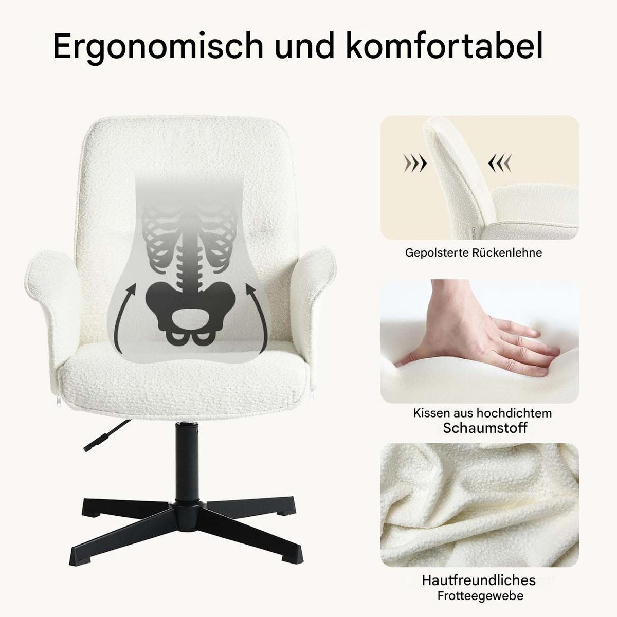 DREHSTUHL in Eisen Bouclé - Weiß, Metall (63/94/66cm) - Meubles Cosy