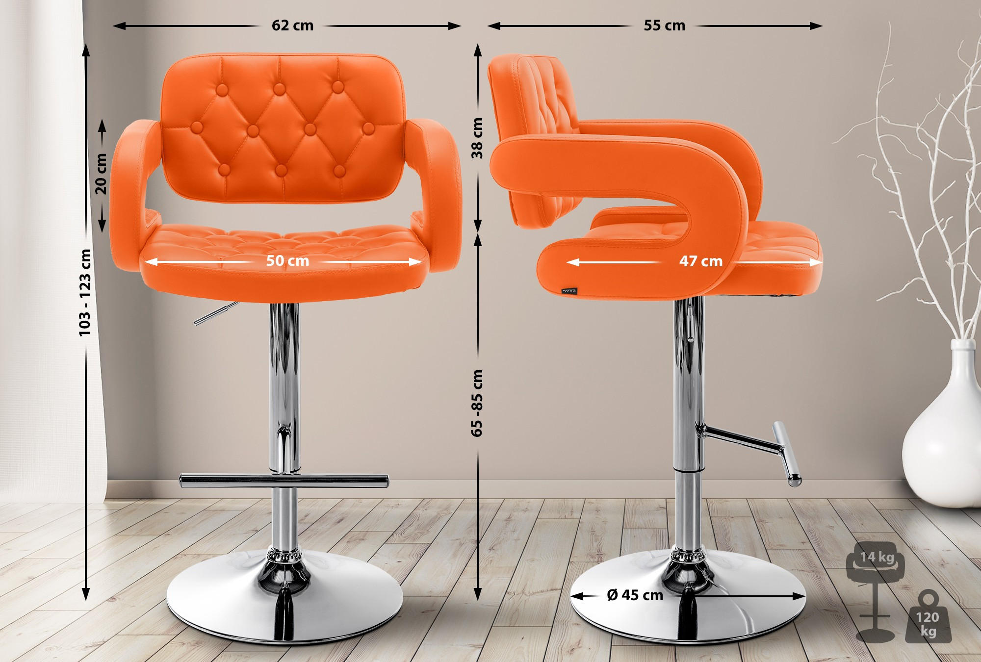 BARHOCKER Lederlook orange - Chromfarben/Orange, Textil/Metall (62/103/55cm) - CLP