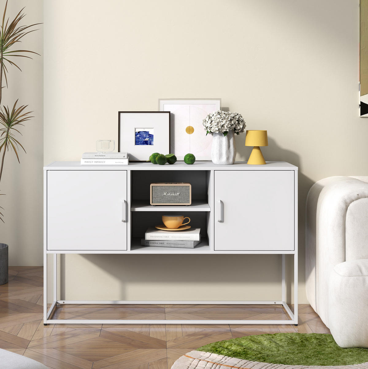 SIDEBOARD aus Metall 40x120x75 cm Weiß mit 6 Fächern, höhenverstellbaren Füßen und Kippschutz - Weiß, Metall (120/75/40cm) - Modfu