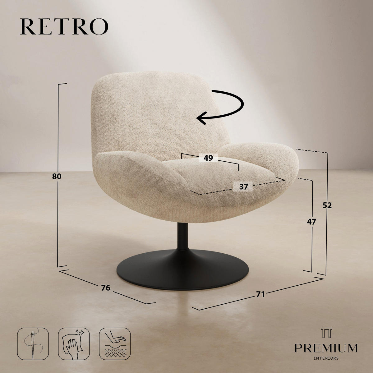 DREHSESSEL RETRO Bouclé-Samt Vintage-Grün 71cm - Dunkelgrün/Grün, Textil (71/80/76cm) - Premium Interiors