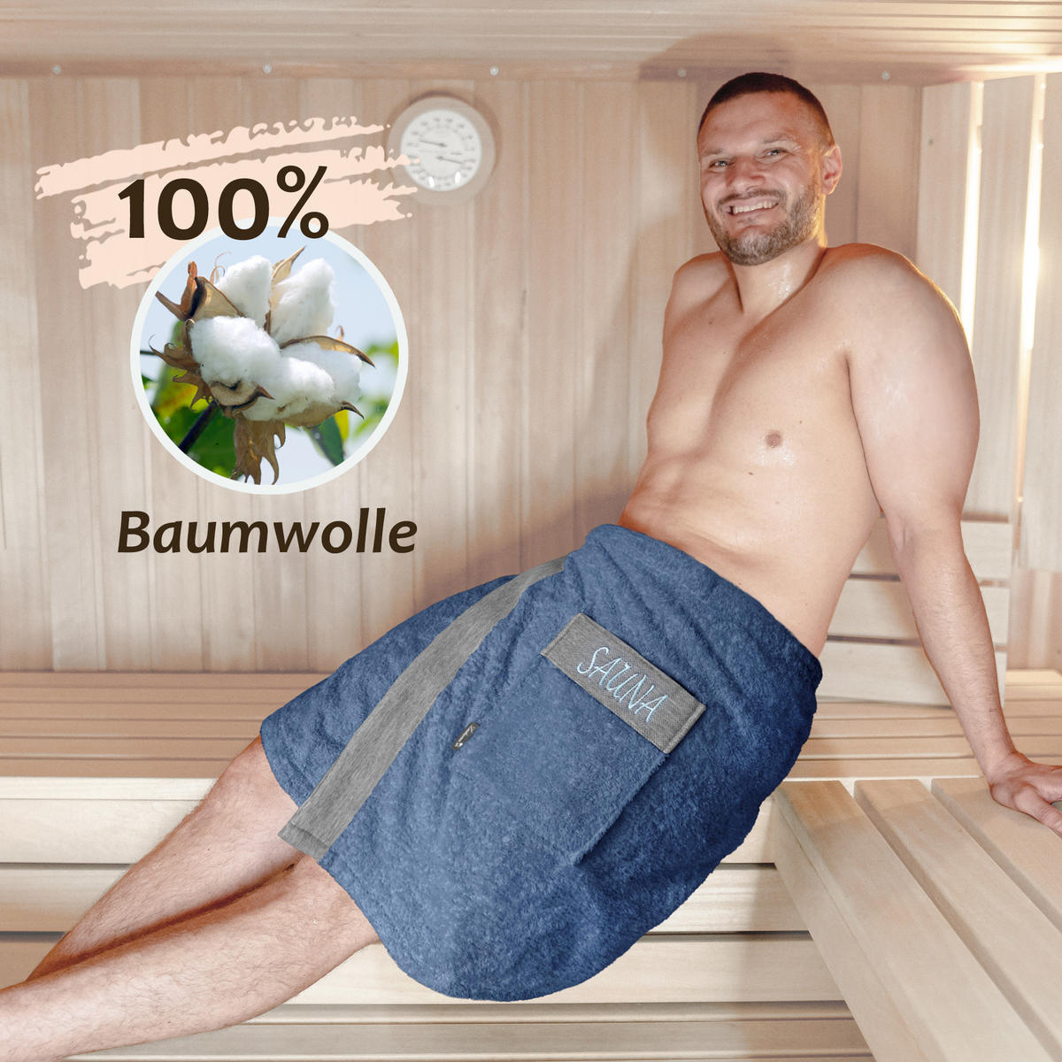 SAUNAKILT Herren Jeansblau, Lima Saunahandtuch mit Klettverschluss - Pastellblau, Textil (140/55cm) - Lashuma