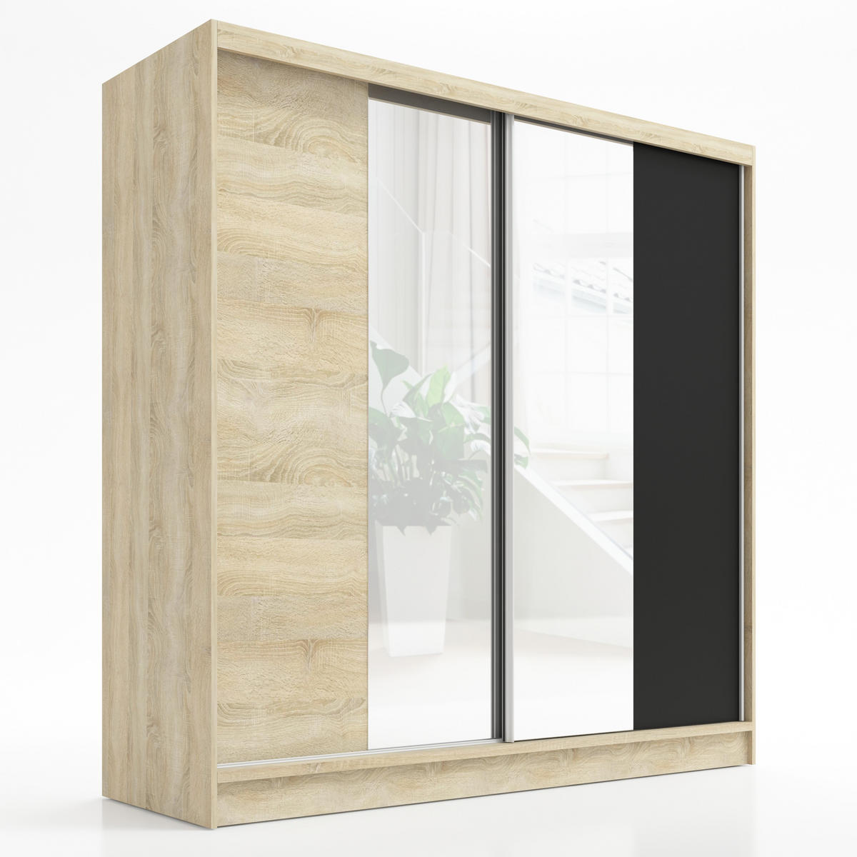 SCHWEBETÜRENSCHRANK 200 CM DUO Farbe: Sonoma | sonoma | schwarz - Schwarz/Braun, Holzwerkstoff (200/215/60cm) - A&J MöbelLand