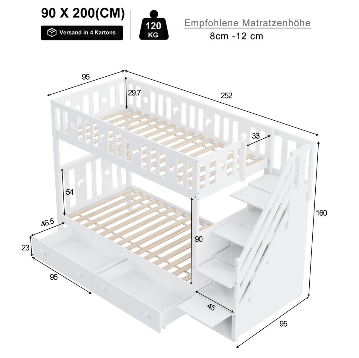 ETAGENBETT 90/200 cm Weiß mit Stauraumtreppe und 2 Schubladen - Weiß, Holz (90/200cm) - Flora Grace