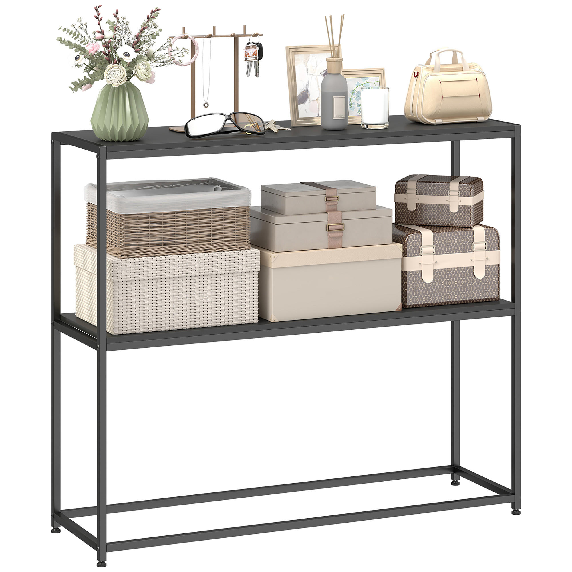 KONSOLENTISCH DE-16823 Minimalistisch, 2 Ablagen, Stahl Schwarz - Schwarz, Holzwerkstoff (100/30/87cm) - ComfortXL
