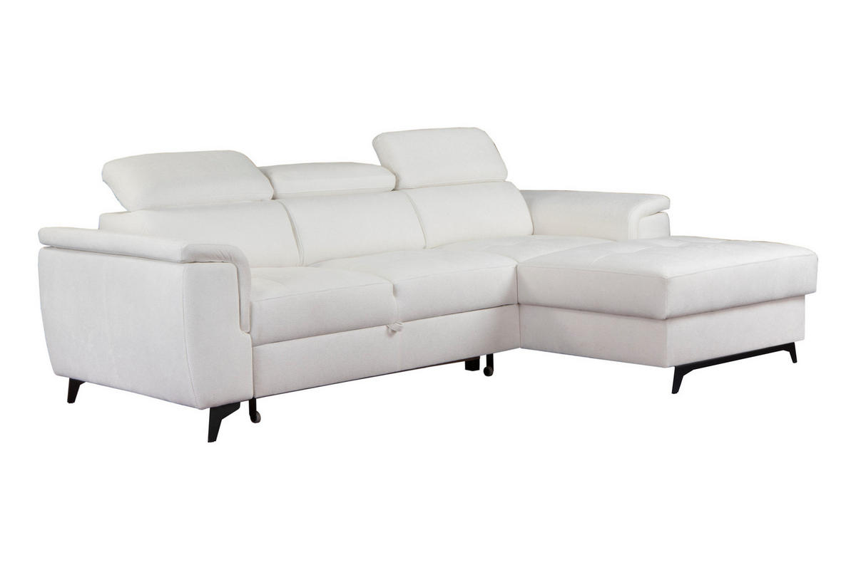 ECKSOFA VOLA Weiß Velours-Stoff mit Schlaffunktion - Weiß, Holz (270/175cm) - MASSENO