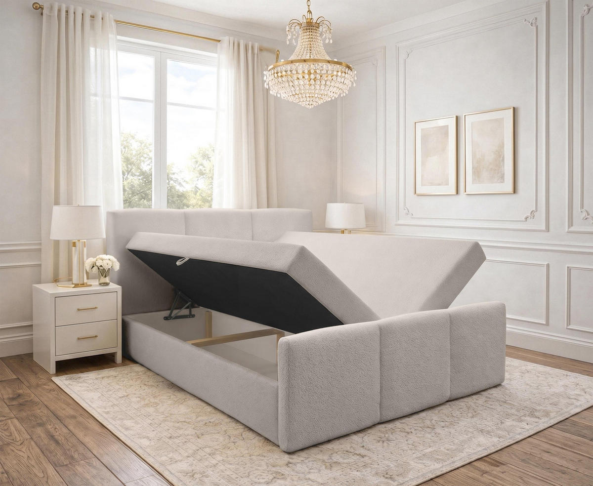 BOXBETT ANKARRA 140x200 cm mit Bettkasten und Matratze - Beige + TOPPER - Beige/Schwarz, Holz/Holzwerkstoff (140/200cm) - AX Living