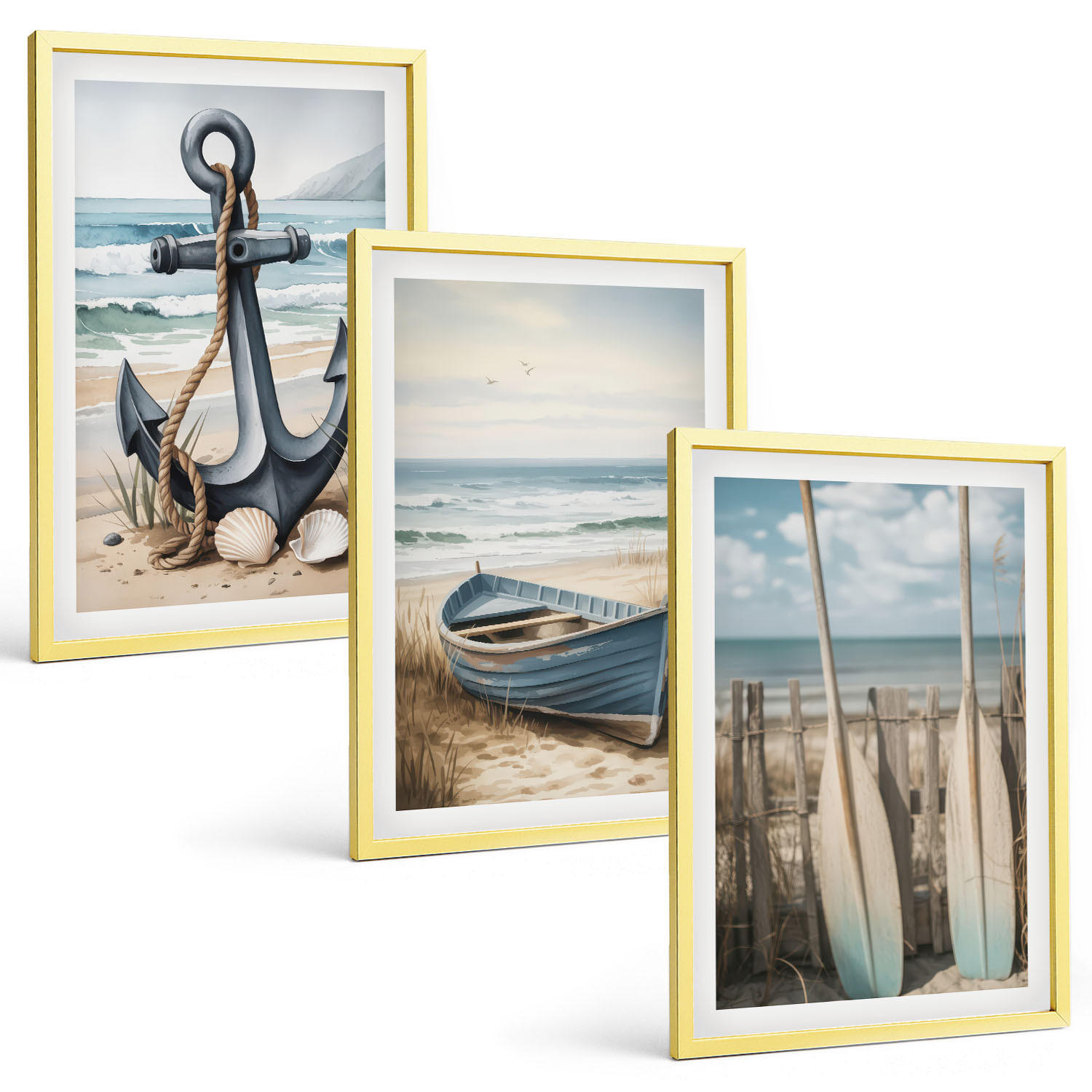 BILDER SET 3er Set - 40x60 cm Goldrahmen - Anker, Boot, Ruder, Strand - Goldfarben, Kunststoff (40/60cm) - TULUP