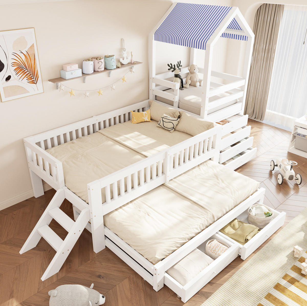 KINDERBETT aus Massivholz 90x200 cm Weiß mit Ausziehbett, Stauraumtreppe und Schubladen - Weiß, Holz (90/200cm) - IVMEU