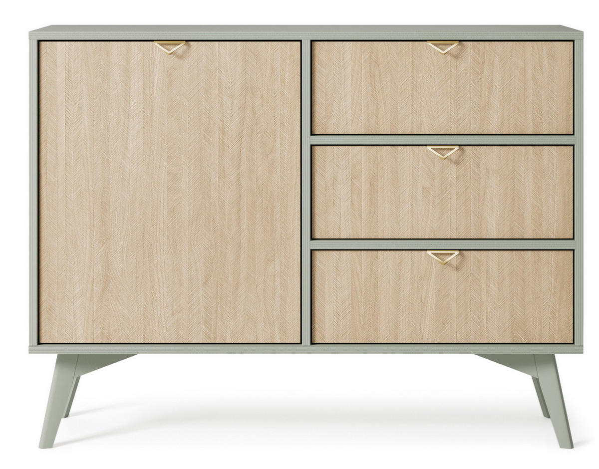 KOMMODE Silva 106 cm in der Farbe Eukalyptus + Scandi-Fischgrätmuster mit Türen und Schubladen - Goldfarben/Grün, Holz/Holzwerkstoff (106/81/38cm) - Ravio