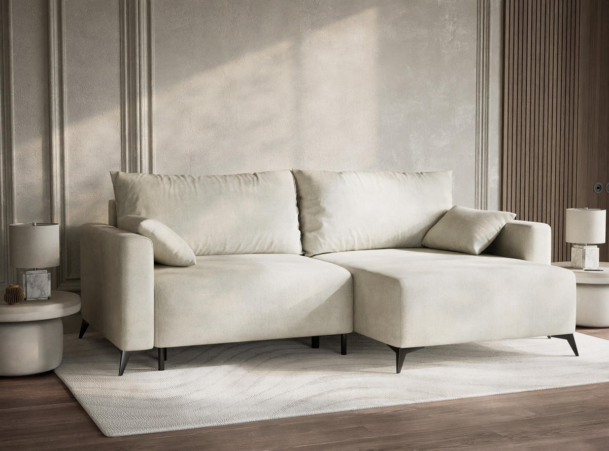 ECKSOFA MIT SCHLAFFUNKTION Leon Creme Webstoff - Creme/Schwarz, Holz/Holzwerkstoff (239/148cm) - Maison de Reve