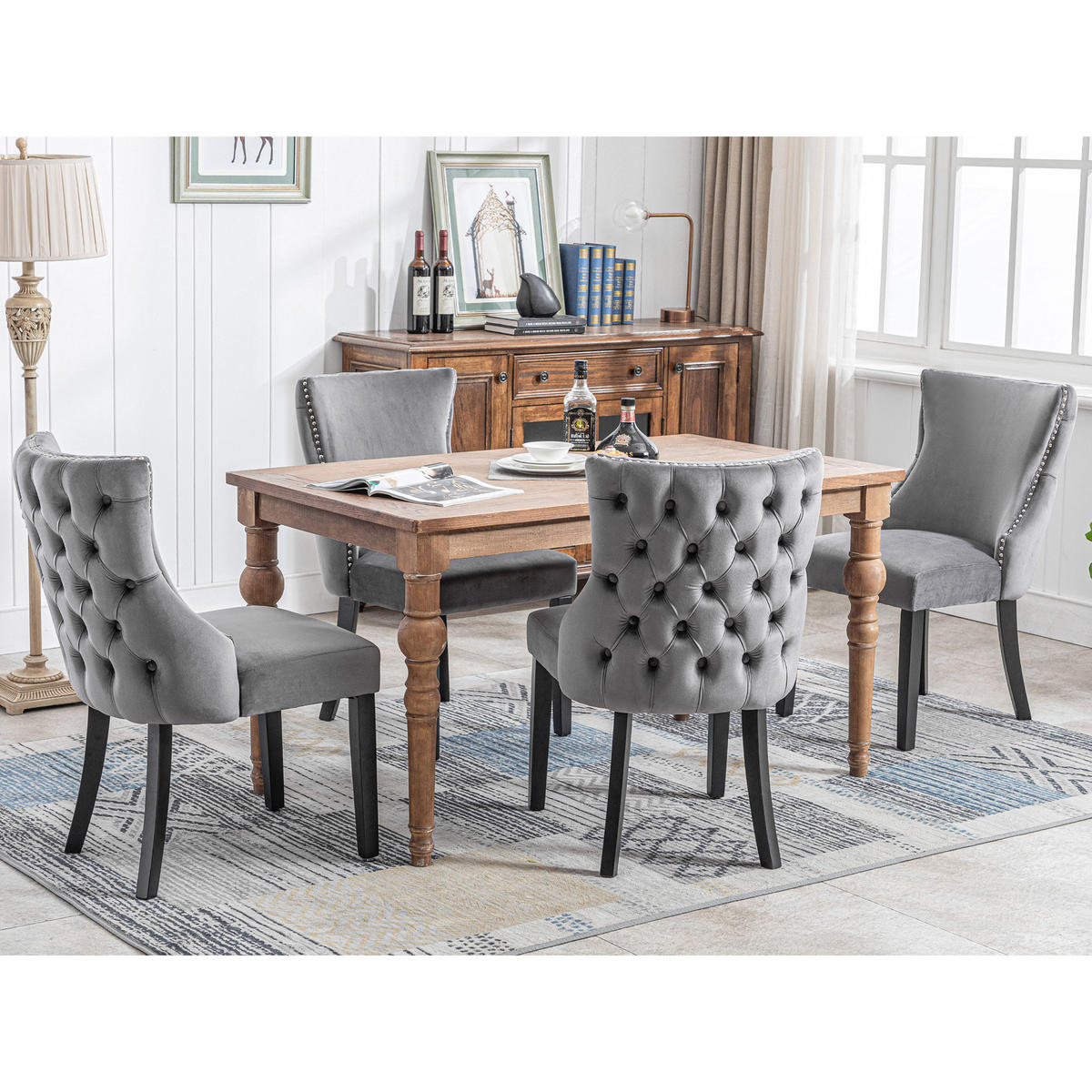 SAMTSTUHL 4er-Set mit Massivholzbeinen, Knopfheftung und Griffring, komfortabler Esszimmerstuhl bis 150 kg, grau - Grau, Textil (45/91/50cm) - Luhomfu