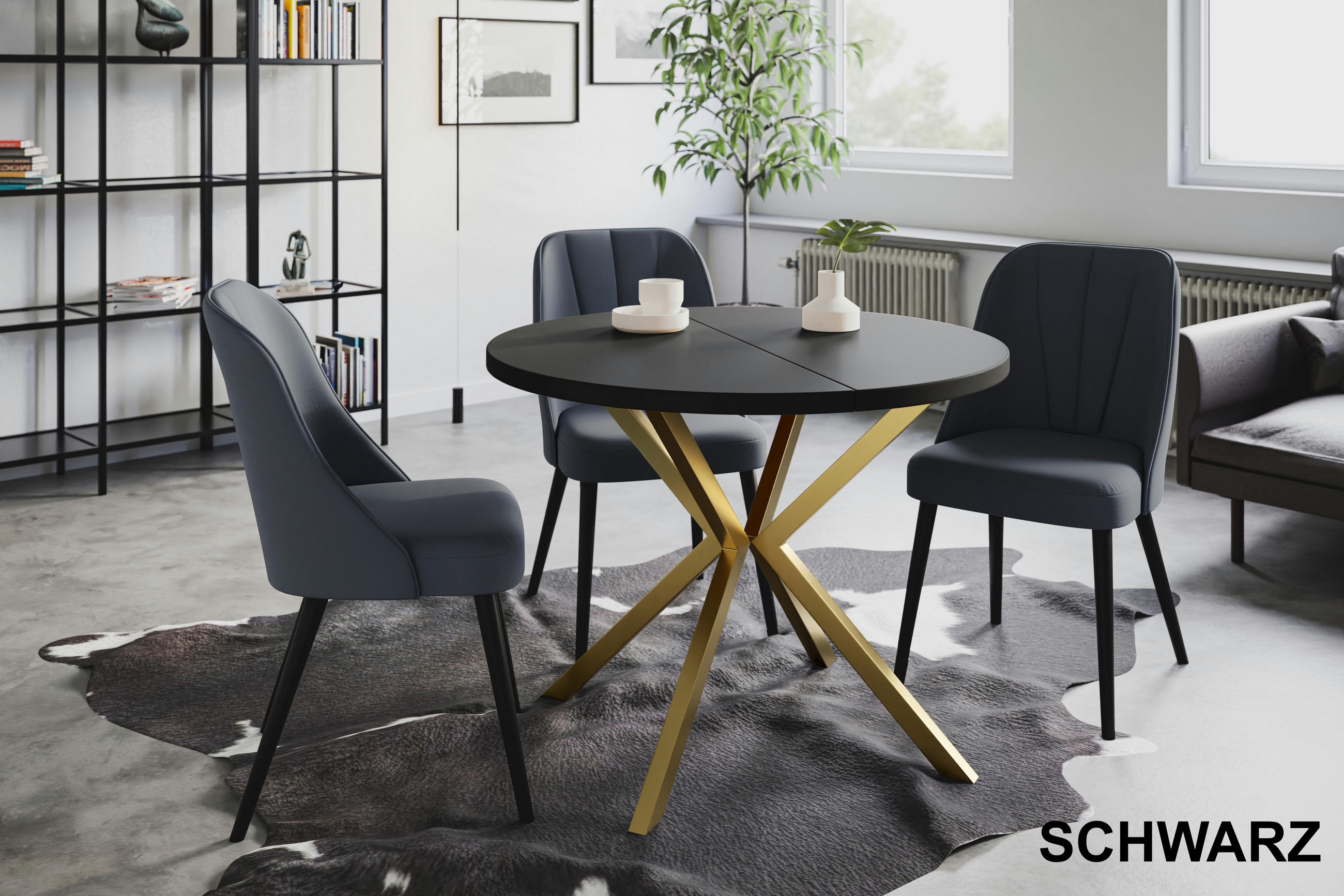 ESSZIMMERTISCH LOFT LITEN, ausziehbarer Tisch 90 cm/170 cm, Farbe: Schwarz, mit Metallbeinen in Farbe Gold - Goldfarben/Schwarz, Holzwerkstoff (90/90/76cm) - Alpi-Möbel