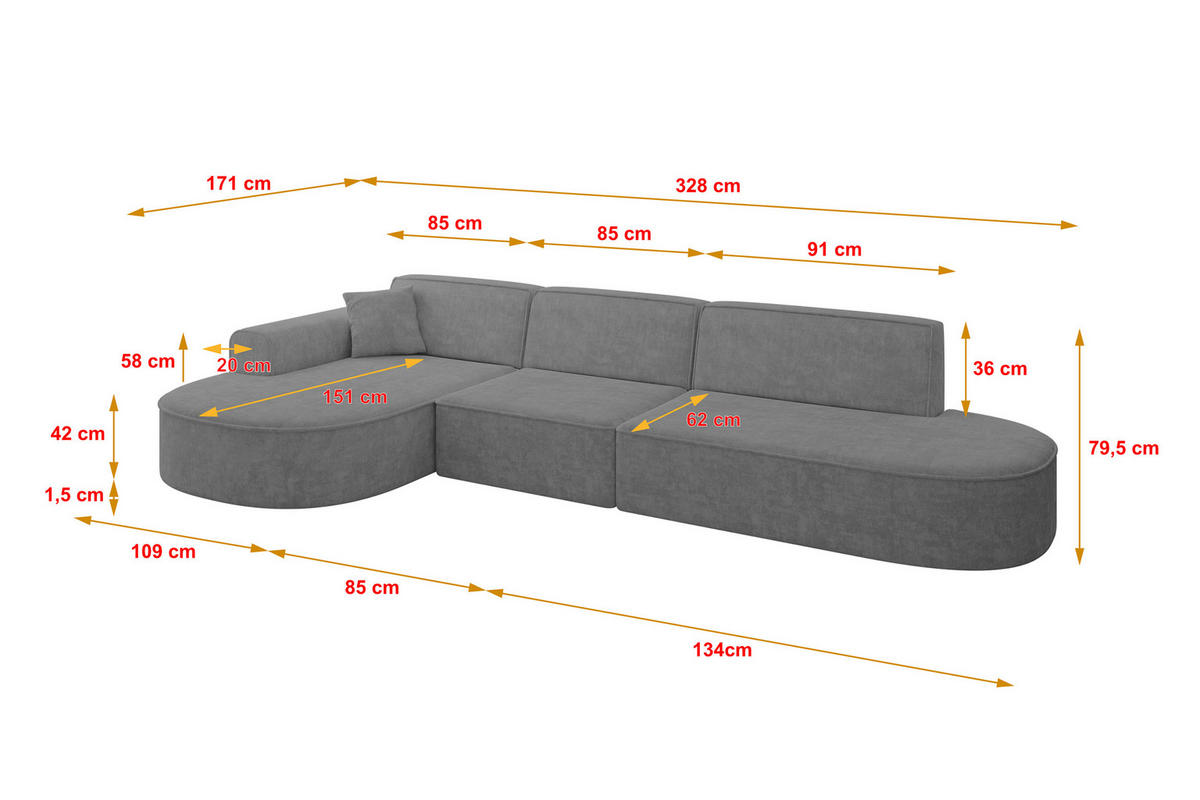 ECKSOFA Ottomane Links MARI-L2 - 328x171x79 cm Grau Velours - Schwarz/Grau, Holzwerkstoff/Kunststoff (328/171cm) - ALTDECOR