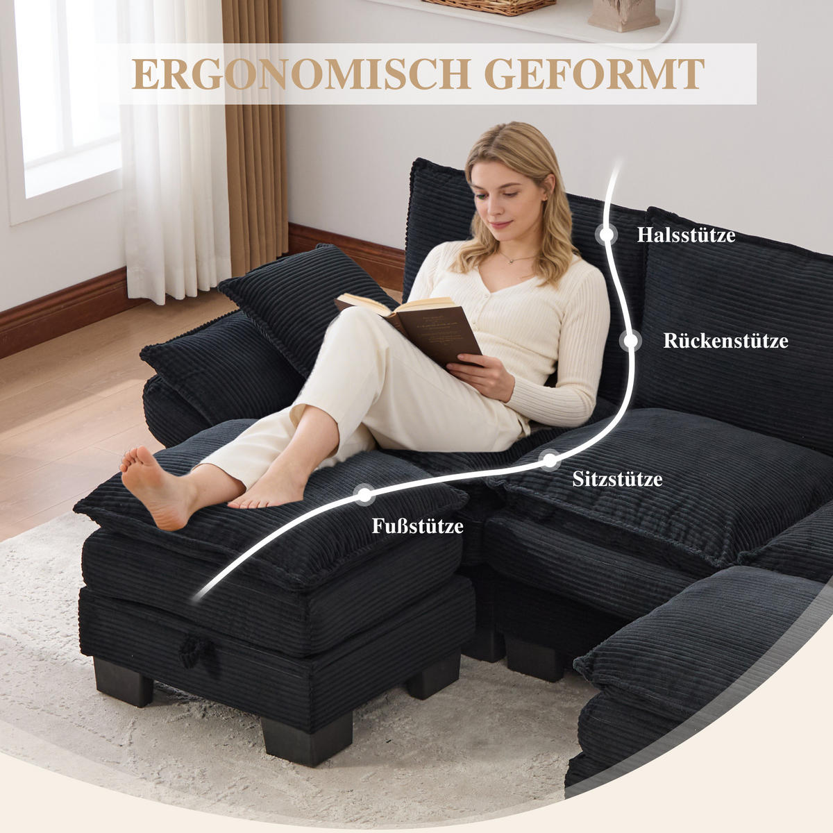 WOHNLANDSCHAFT Cord Schwarz mit USB-C, Seitentaschen und mit 2 Hocker - Schwarz, Holzwerkstoff/Kunststoff (260/84/132cm) - WISHDOR