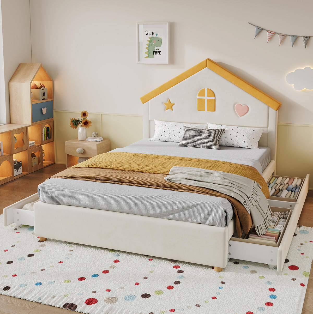 KINDERBETT aus französischem Samt 140x200 cm Beige mit 4 Schubladen und Haus-Kopfteil - Beige, Textil (140/200cm) - Modfu