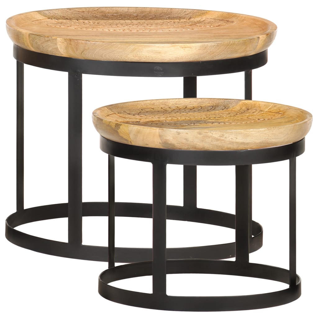 RUNDE Beistelltische 2 Stk. Mango Massivholz und Stahl - Braun, Holz (53/53/44cm) - furnicato