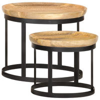 RUNDE Beistelltische 2 Stk. Mango Massivholz und Stahl - Braun, Holz (53/53/44cm) - furnicato