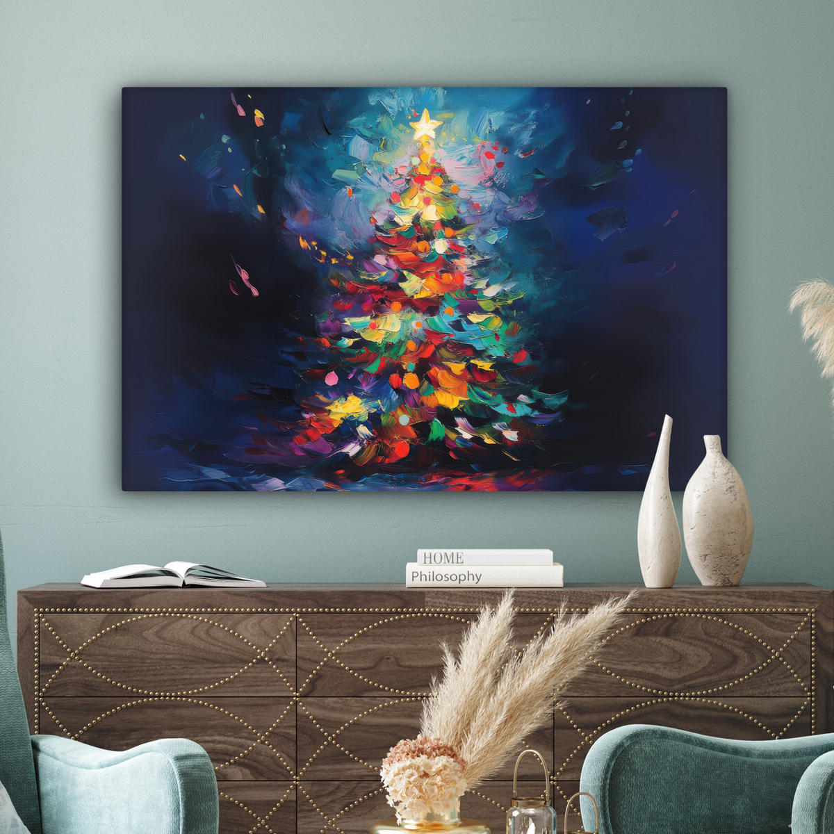 LEINWANDBILD Weihnachtsbaum - Weihnachten - Abstrakt - Farbenfroh Groß 140x90 cm - Multicolor, Textil (140/90cm) - MuchoWow