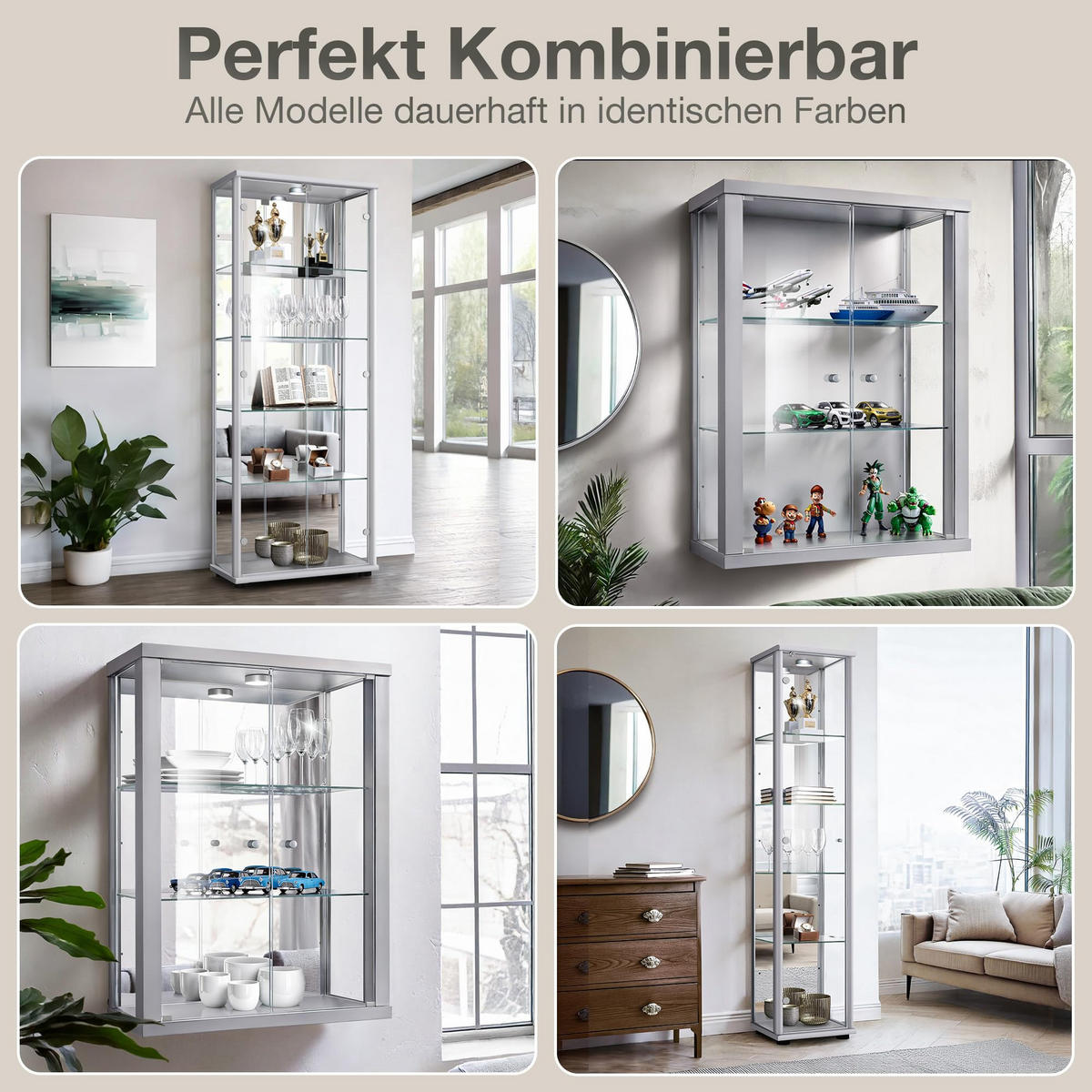 ECKVITRINE 56,5/56,5/176 cm mit Spiegel, LED & Schloss - Transparent/Silberfarben, Glas/Holzwerkstoff (56.5/176/56.5cm) - K-Möbel