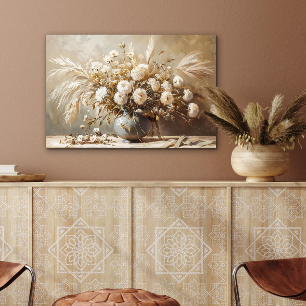 METALLBILD Blumen - Vase - Stilleben - Beige 60x40 cm - Creme, Metall (60/40cm) - MuchoWow