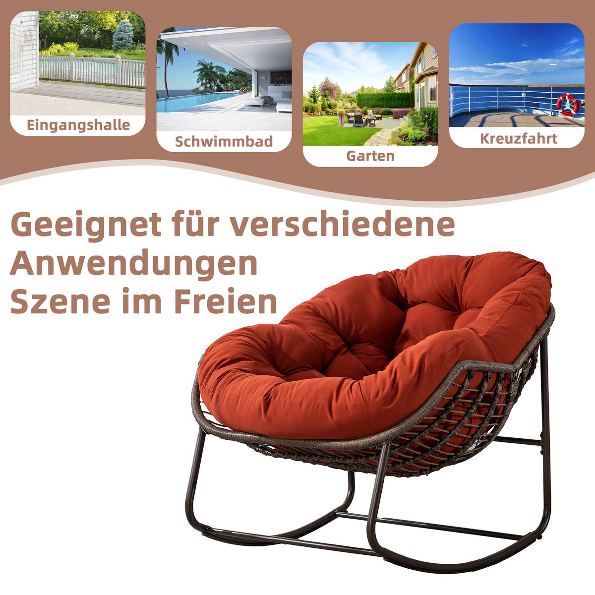 SCHAUKELSTUHL Schaukelsessel Garten,Rattanstuhl mit Stahlrahmen,Orange-Polyester - Orange, Metall (94.5/80/111cm) - LVHOM