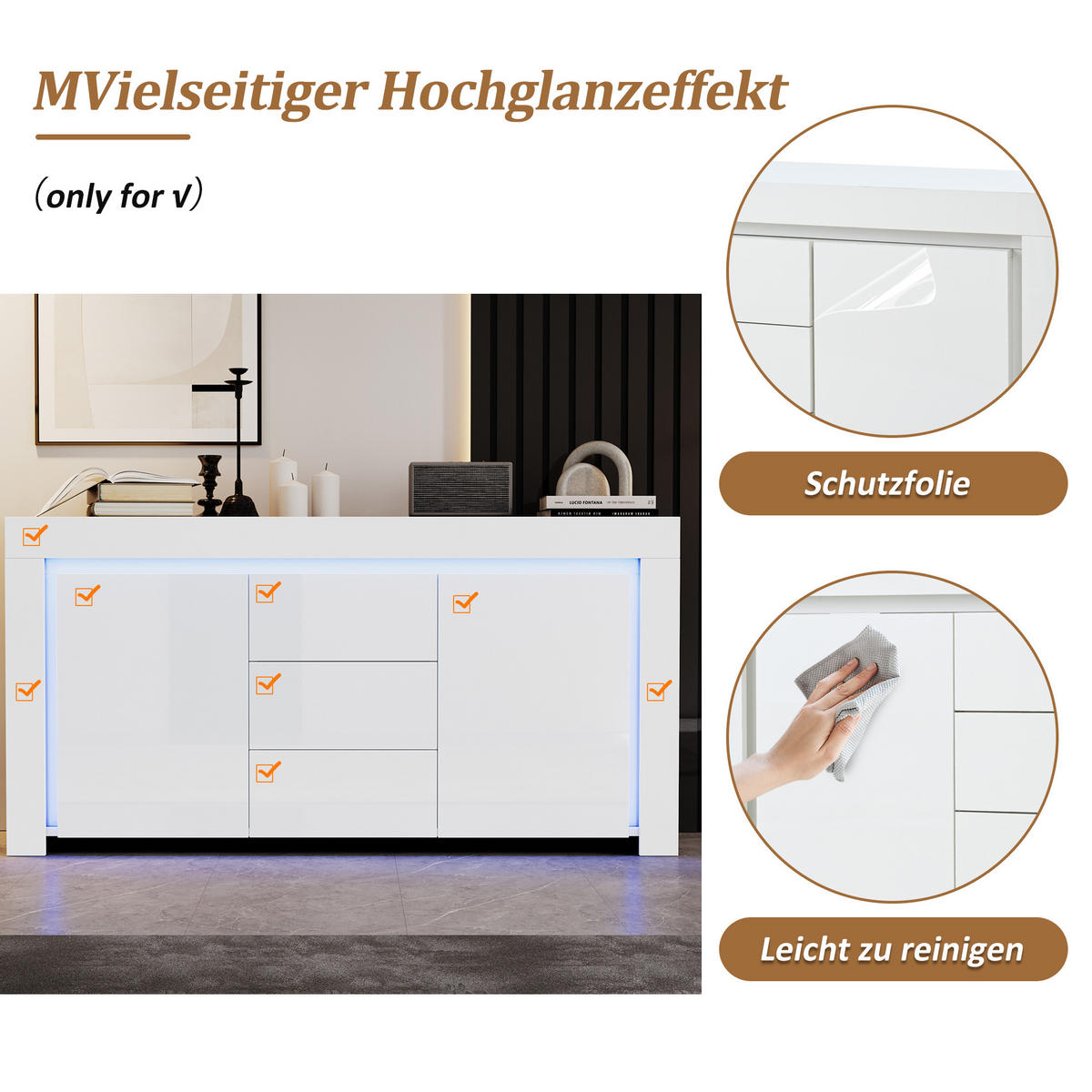 SIDEBOARD 140 cm 2 Türen, 3 Schubladen, LED-Beleuchtung, Hochglanz, Weiß & Schwarz Verstellbare Einlegeböden - Weiß Hochglanz, Holzwerkstoff (140/65/40cm) - Urban Meuble