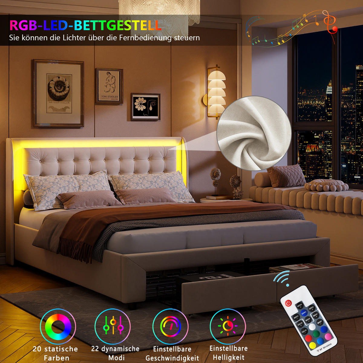 STAURAUMBETT 160x200 cm, Ambiente-LED-Beleuchtung, Stauraum unterm Bett und 2 Schubladen am Bettfuß, Samtstoff, Beige - Beige, Holz/Textil (160/200cm) - BRILVERDE