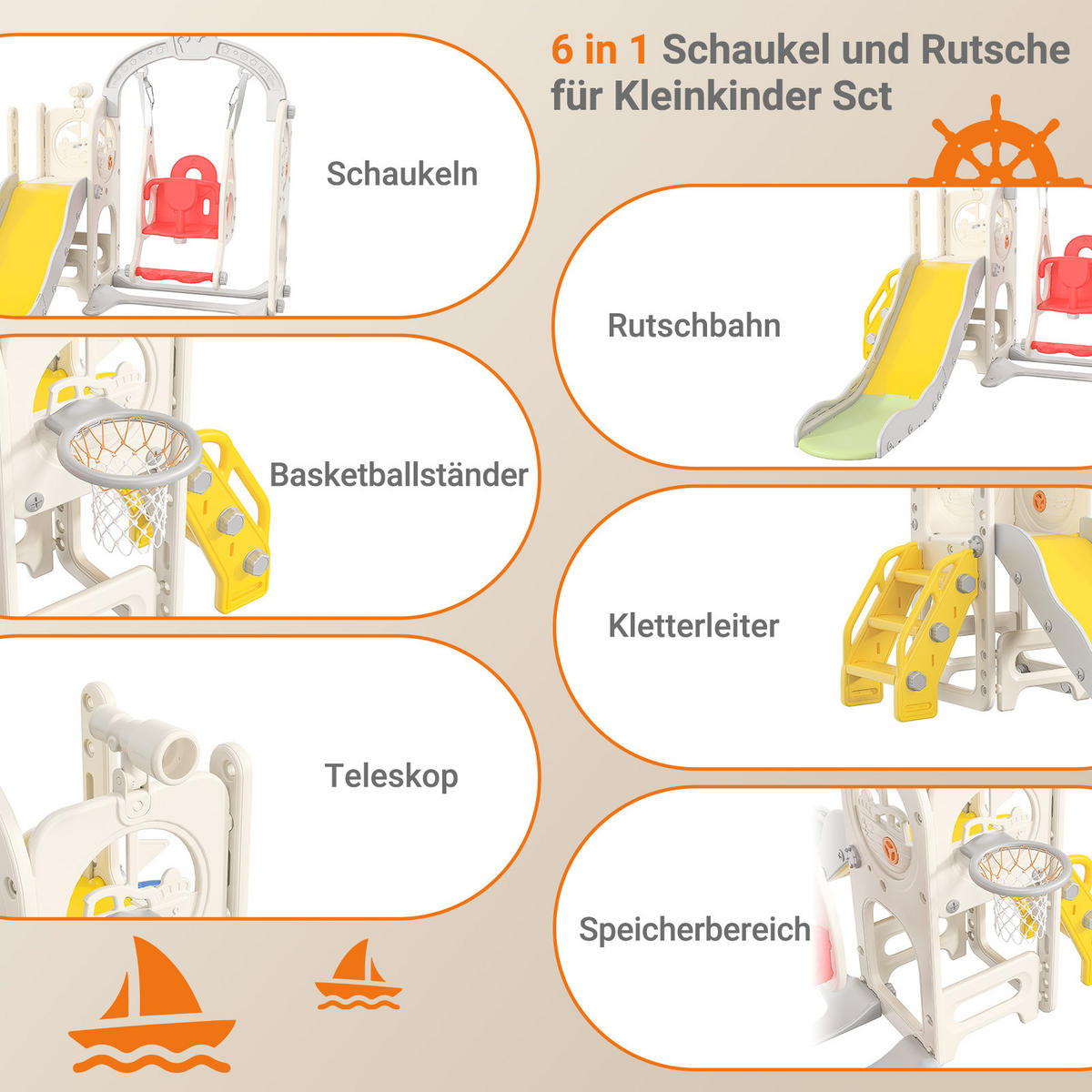 6-IN-1 RUTSCHE Kinder Weiß Mit Klettergerüst, Schaukel & Teleskop - Weiß, Holz (150/115/150cm)