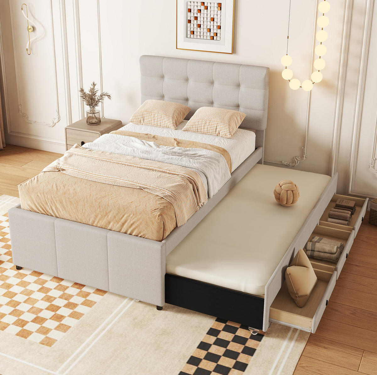 POLSTERBETT 90/200 cm mit Ausziehbett und 3 Schubladen, gepolstertes Kopfteil - Beige, Textil (90/200cm) - BEAOK