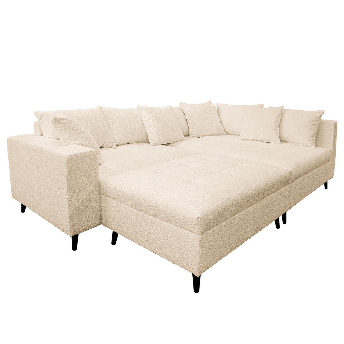 ECKSOFA mit Ottomane und Hocker - Beige/Schwarz, Birkenholz/Textil (247/174cm) - home24