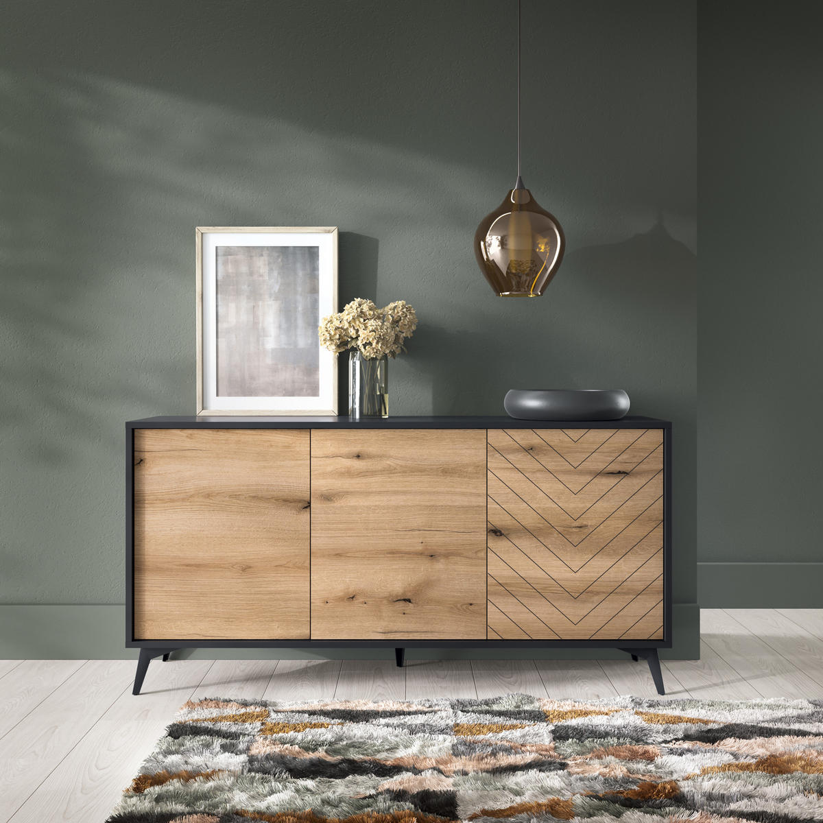 SIDEBOARD Boulia Schwarz mit Fischgrätfronten in Eiche 154 cm - Eichefarben/Schwarz, Holzwerkstoff/Metall (154/77/39cm) - Selsey