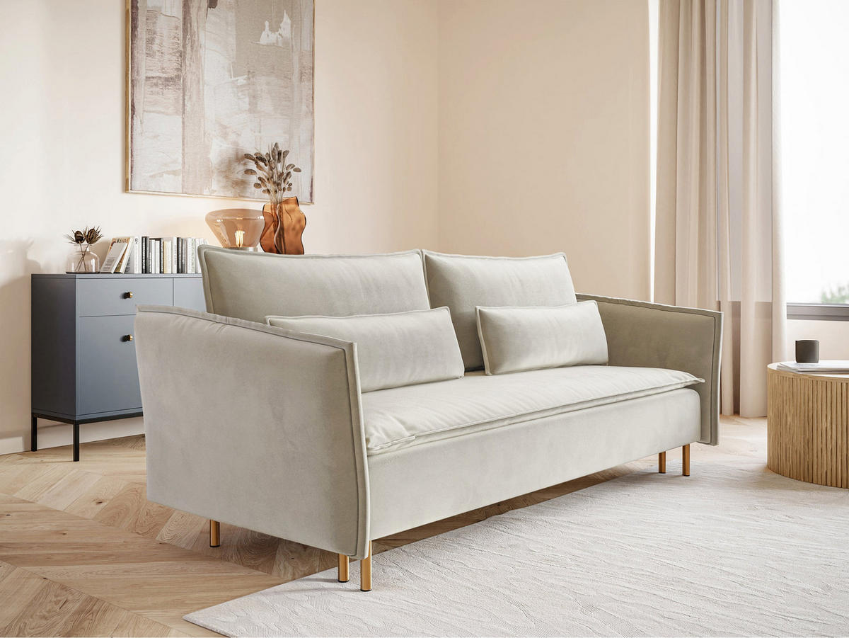 SCHLAFSOFA Ummo Graubeige Velours - Greige/Goldfarben, Textil/Metall (230/88/90cm) - Selsey