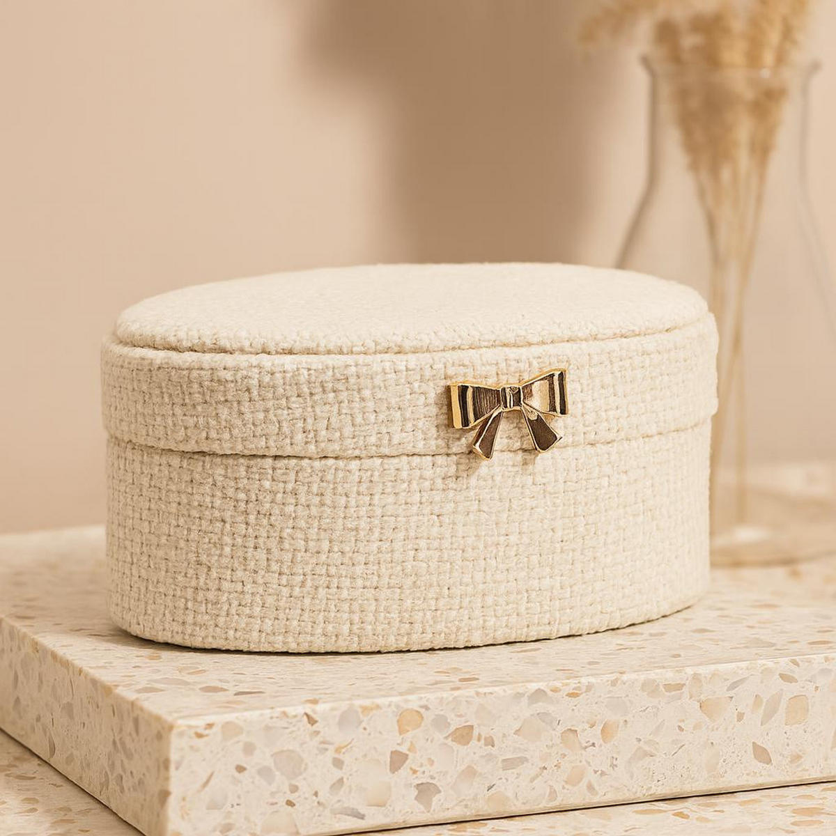 SCHMUCKKÄSTCHEN mit Schleife 12/6,5/10 cm - Beige, Textil (6.5/10/12cm) - Home Styling Collection