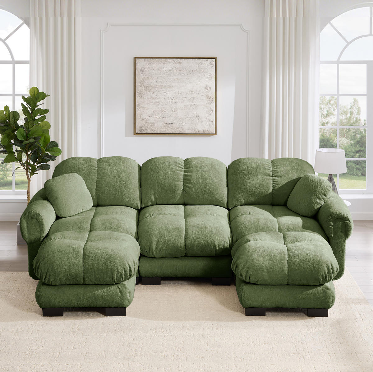SOFA U-Form 3-Sitzer mit Hocker Chenille Grün - Grün, Holz (149/90/260.1cm) - Meubliv