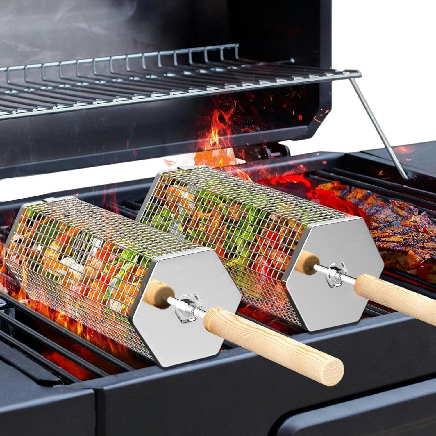GRILLKORB 2-teiliges Set Edelstahl mit Holzgriff - Multicolor, Metall (15/10/25cm)