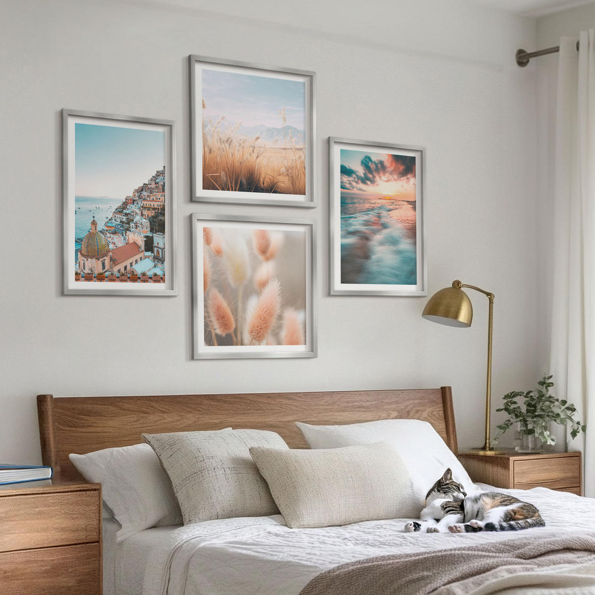 BILDER SET 4er Set - 50x50 cm & 40x60 cm Silberner Rahmen - Sonnenuntergang am Meer, Häuser, Blumen - Silberfarben, Kunststoff (50/50cm) - TULUP