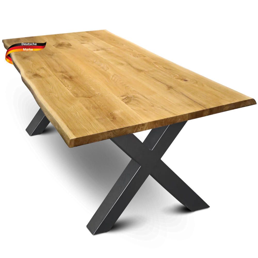 ESSTISCH Massivholz mit Baumkante RAGNAR 300x100 cm Eichenholz X-Hora Gestell - Braun, Holz/Metall (100/300/76cm) - DELUKE