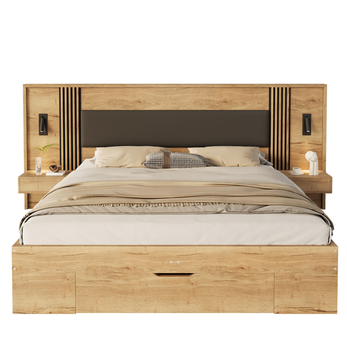 KREVET 180/200 cm s letvicama, spremišnim ladicama, noćnim ormarićima i svjetlom za čitanje, Prirodna - prirodne boje, drvni materijal (180/200cm) - Redom