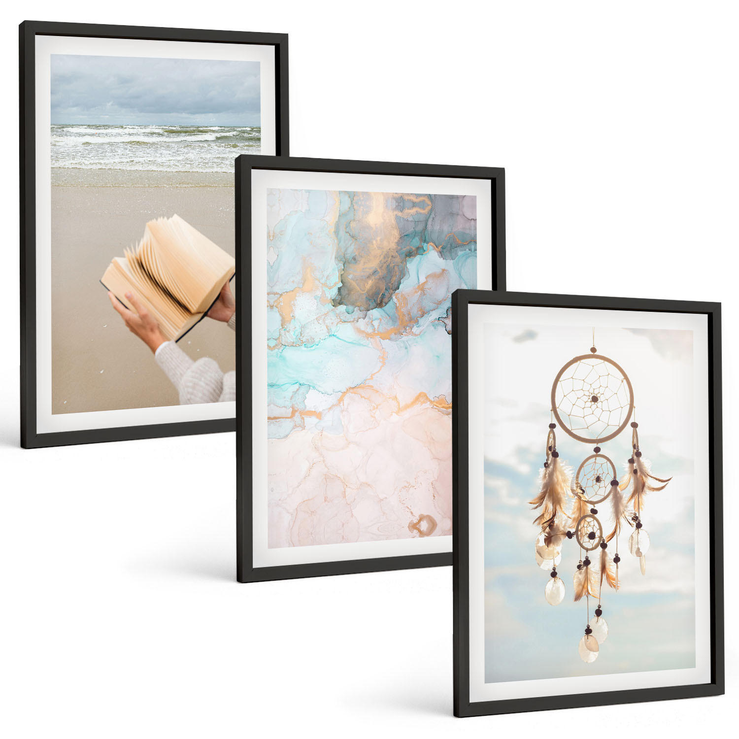 BILDER SET 3er Set - 40x60 cm Schwarzer Rahmen - Abstraktes Meeresbuch Boho - Schwarz, Kunststoff (40/60cm) - TULUP