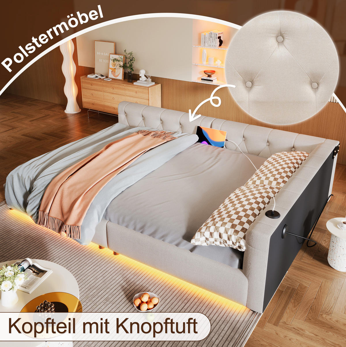 POLSTERBETT 140/200 cm mit LED-Beleuchtung, USB- und USB-C-Anschluss, Lattenrost und Knopfheftung, Beige - Beige, Textil (140/200cm) - Redom