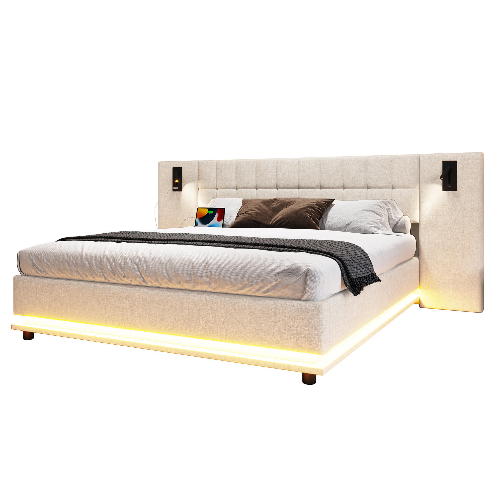 OKWISH ČALOUNĚNÁ postel 180/200 cm béžová z lnu s LED osvětlením USB a čelem se čtecím světlem