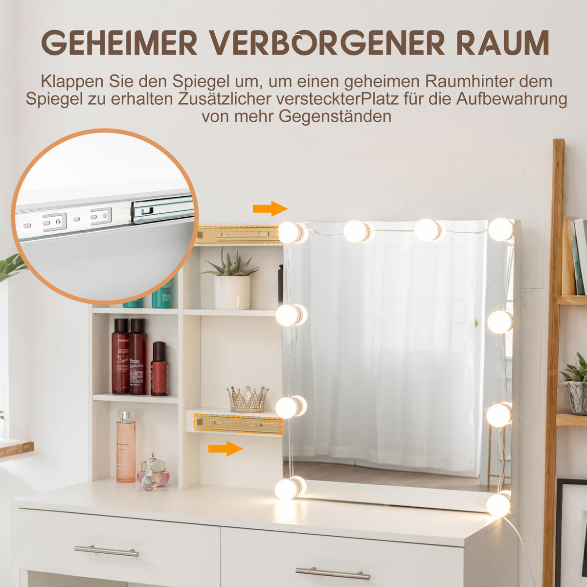 SCHMINKTISCH 100/40.5/136 mit Schiebespiegel, verstecktem Stauraum, LED-Beleuchtung und Hocker, Weiß - Weiß, Holzwerkstoff (100/136/40.5cm) - Redom